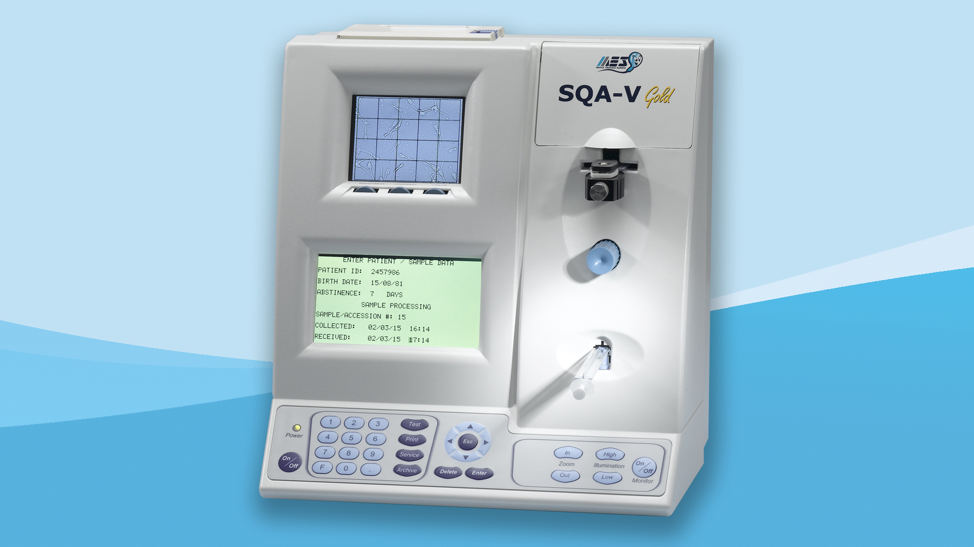 SQA-V automated sperm quality analyzer, reads fresh, frozen, washed and post-vasectomy sperm samples, built-in printer